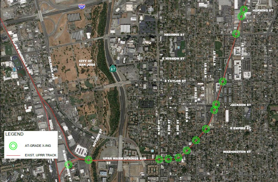 map of intersections along the Warm Springs quiet zone