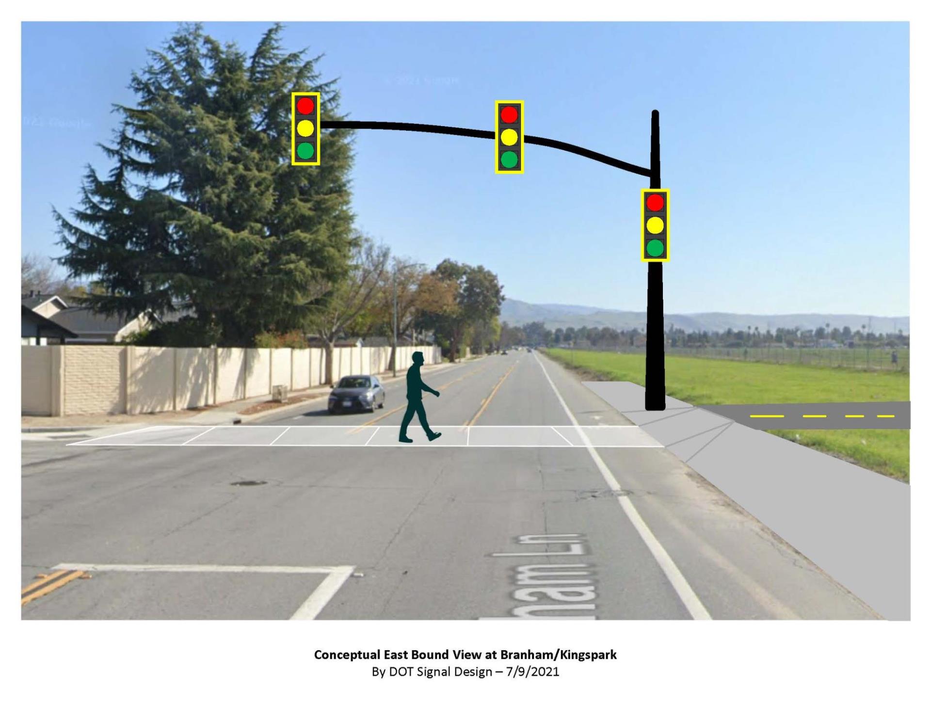 A conceptual street view of the traffic signal at Branham Lane and Kingspark Drive, looking east.