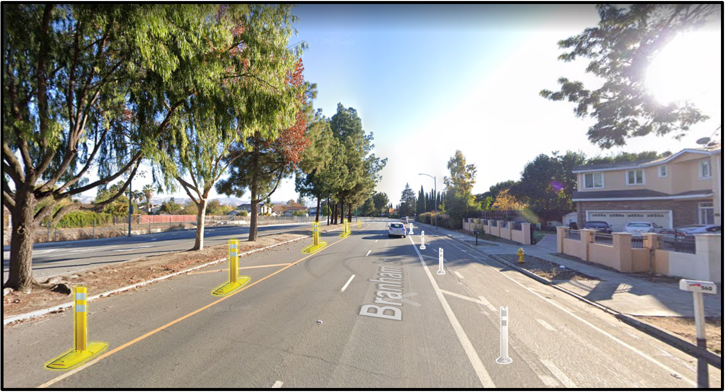 A photo rendering of the proposed safety improvements on Branham Lane including white bollards on the right of vehicle traffic and yellow bollards to the left