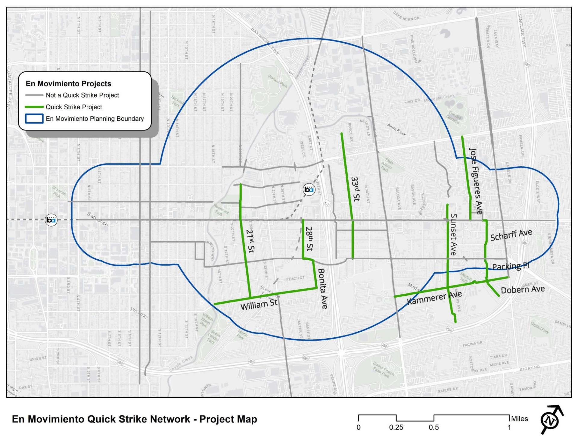 The Quick Strike project area borders 33rd Street and Jose Figueres Avenue to the north; Scharff Avenue and Packing Place to the east; William Street and Kammerer Avenue to the south; and 21st Street to the west