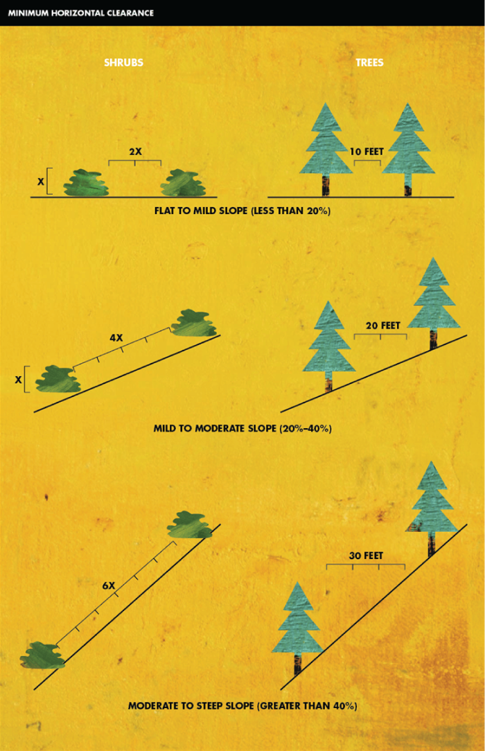 An infographic showing horizontal vegetation clearance around a home.