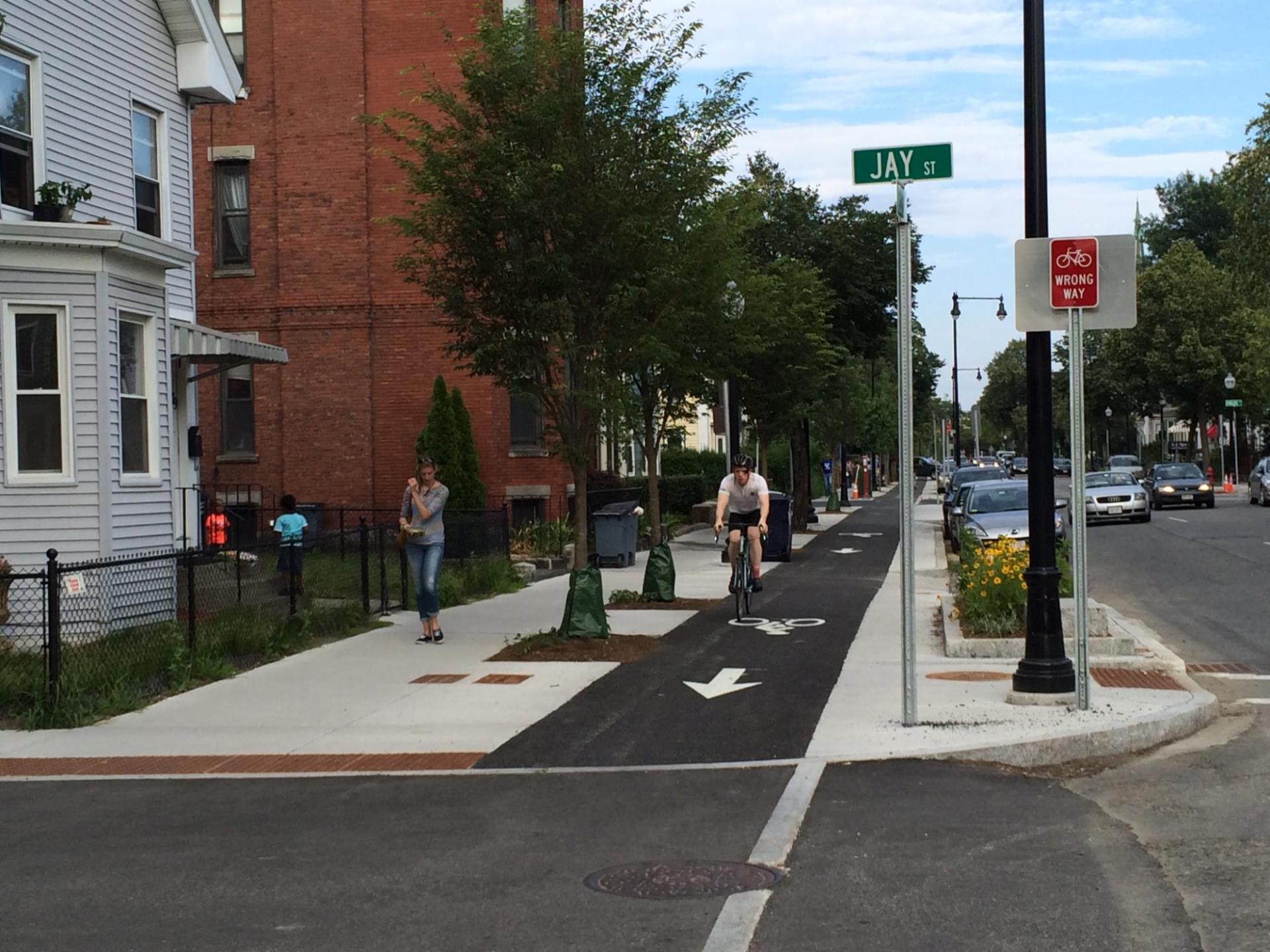 A protected bike lane, surrounded by concrete barriers, on Western Avenue in Cambridge, Massachusetts