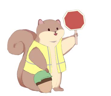 Sunny the Safety Squirrel, holding a stop sign and wearing a reflective safety vest