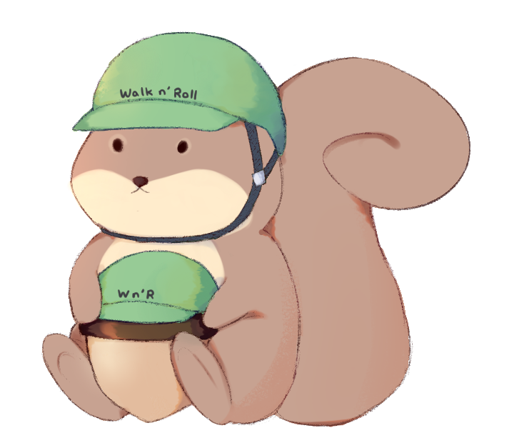 An illustration of Walk n' Roll mascot, Sunny the Squirrel, wearing a green bike helmet and holding an acorn with a green bike helmet