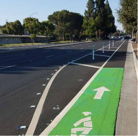 Protected bike lanes with green pavement markings