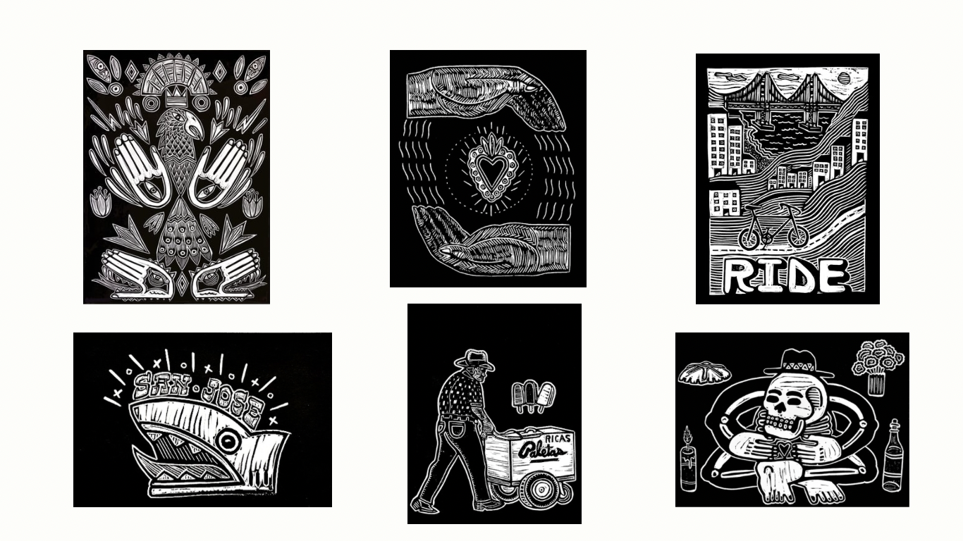 Six image of white on black linocut block prints that celebrate culture, identity and symbology.