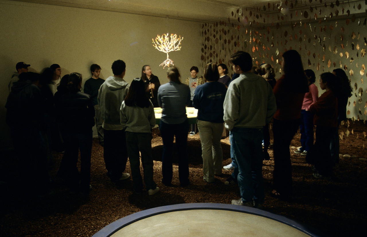 Project Nexus, an interactive installation, gave the gallery visitor a chance to experience holistic thinking first-hand. It was inspired by a botanical illustration that applied systems thinking to analyzing a living botanical environment. A five-foot wide sculpture based on this illustration was the centerpiece of the show. The Ring of Life, part musical instrument, part teaching tool, helped participants experience the interconnectedness, interdependence and complexity at work in the living environments that sustain us. This installation also included other components, such as the burning bush (one of the few times a plant was represented as the divine in the Western tradition), and The Ring of Water, which was also a drum. Student composers created and performed musical works on the instruments.