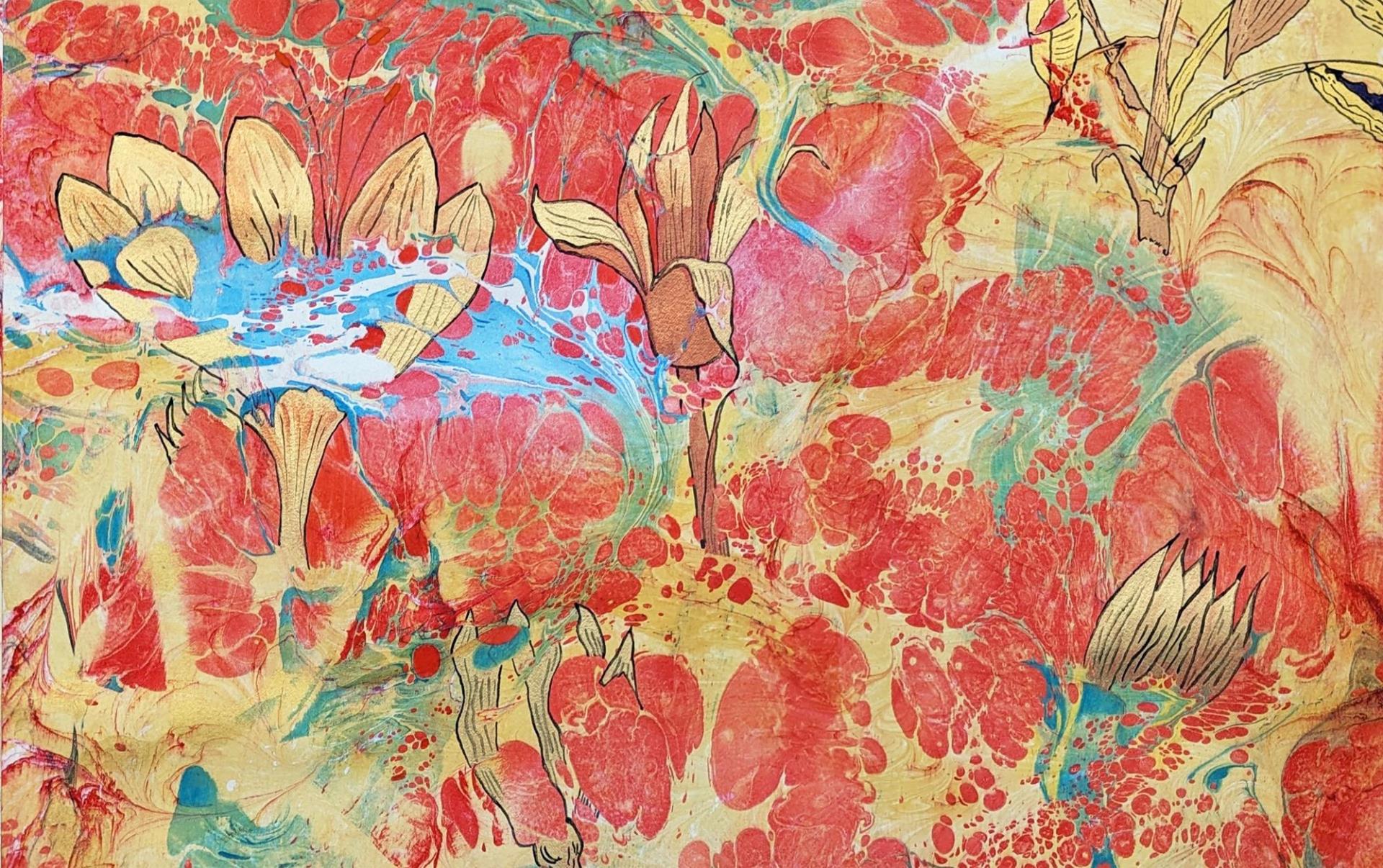 A marble painting in reds, blue and yellows with yellow leaves outlined in black crawing up throughout the painting.