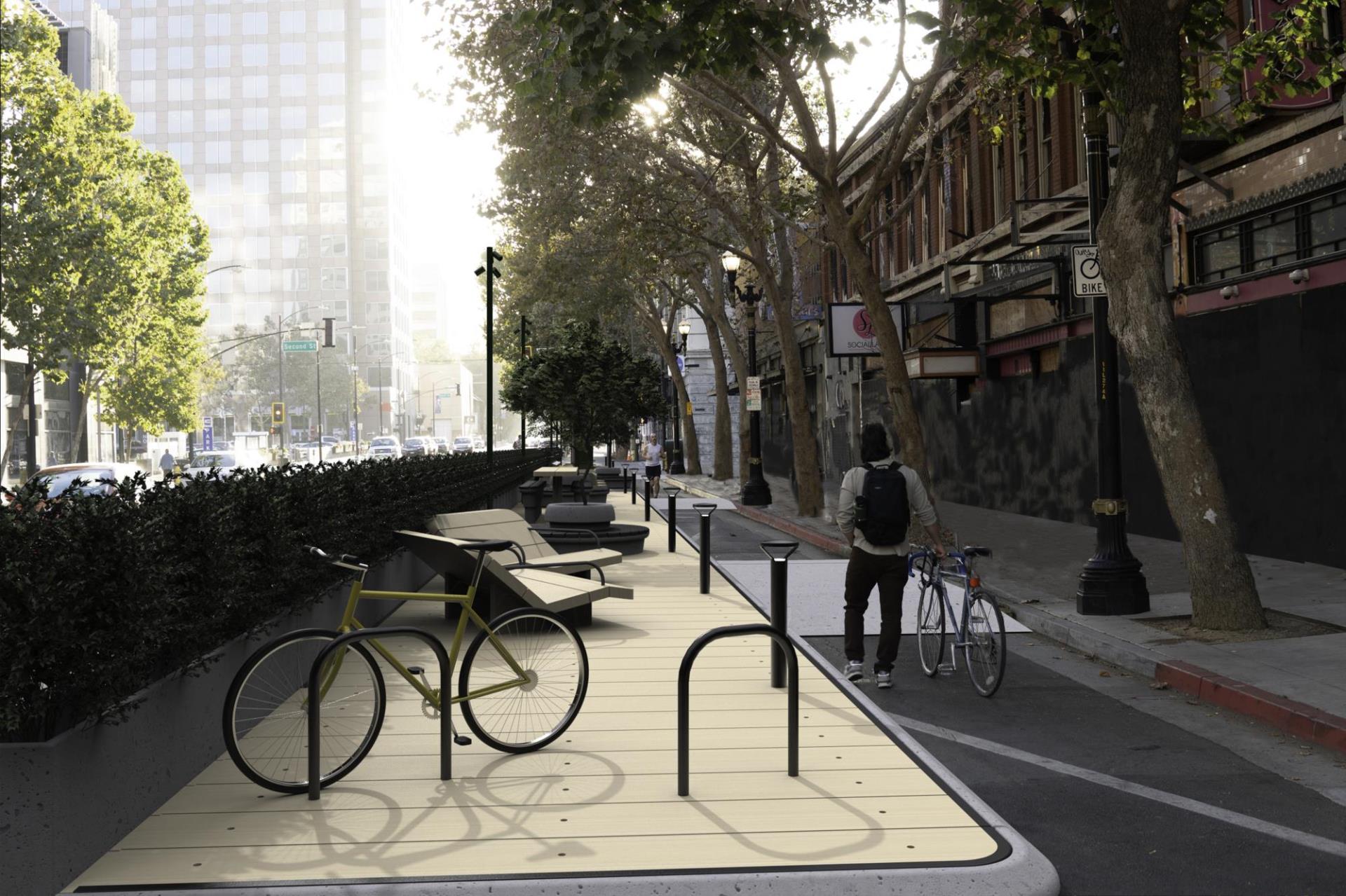 A rendering of a protected bike lane, landscaping, and seating on Second and Third Streets