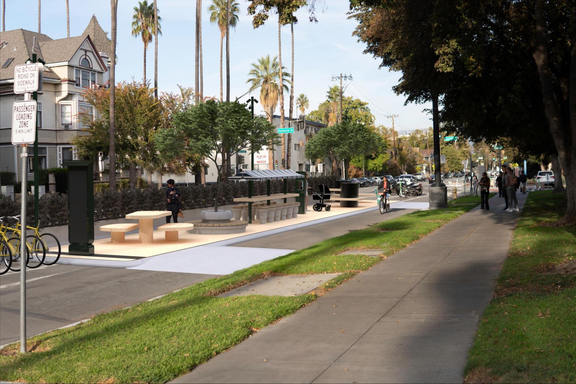 A rendering of a protected bike lane, landscaping, and seating on Sixth and Seventh Streets