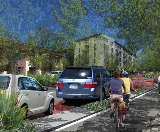 A rendering of a protected bike lane