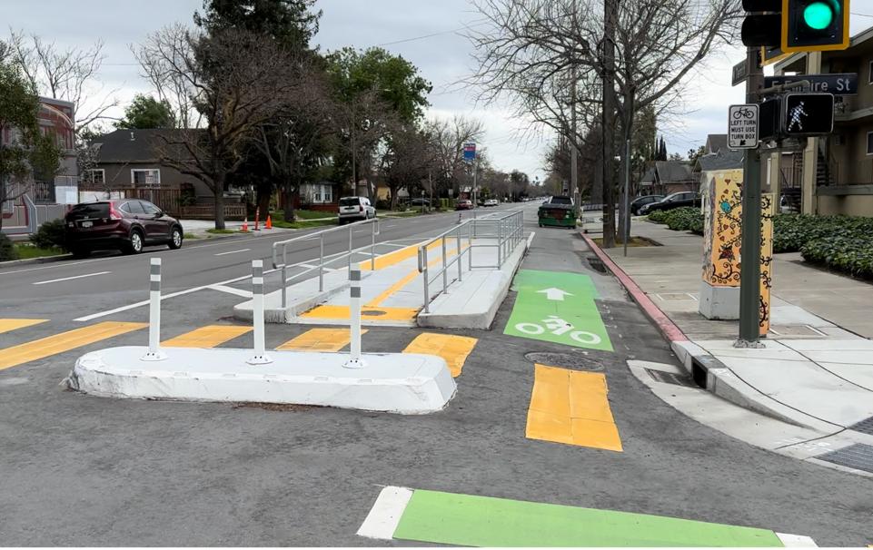 A transit boarding island at 10th and Empire Streets