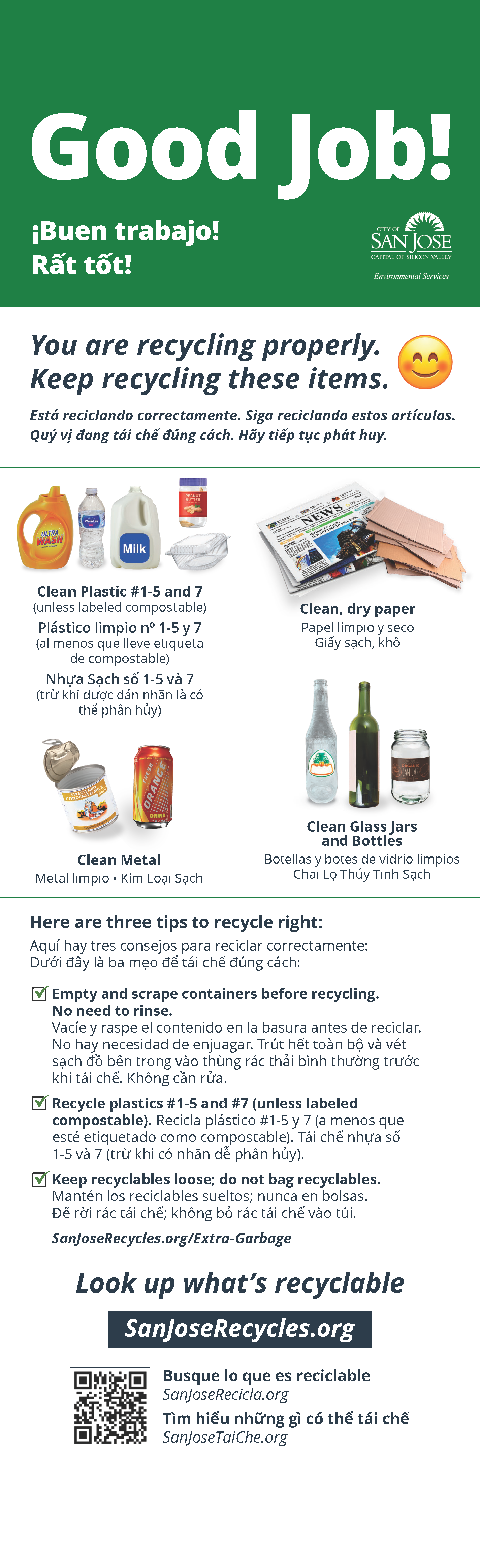 Front side of a Good Job tag with four categories that are accepted in the recycling.  Clean plastic #1-5 & 7 category: Empty laundry detergent, empty water bottle, empty milk jug, empty peanut butter jar, and empty takeout container.  Clean paper category: Clean newspaper and cardboard.  Clean metal category: Clean metal food can and metal soda can.  Clean glass jars and bottles category: Two clean glass bottles and a clean glass jar.