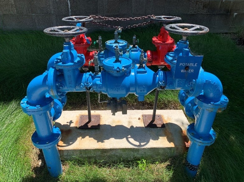 Blue and red reduced Pressure Principle Backflow Assembly