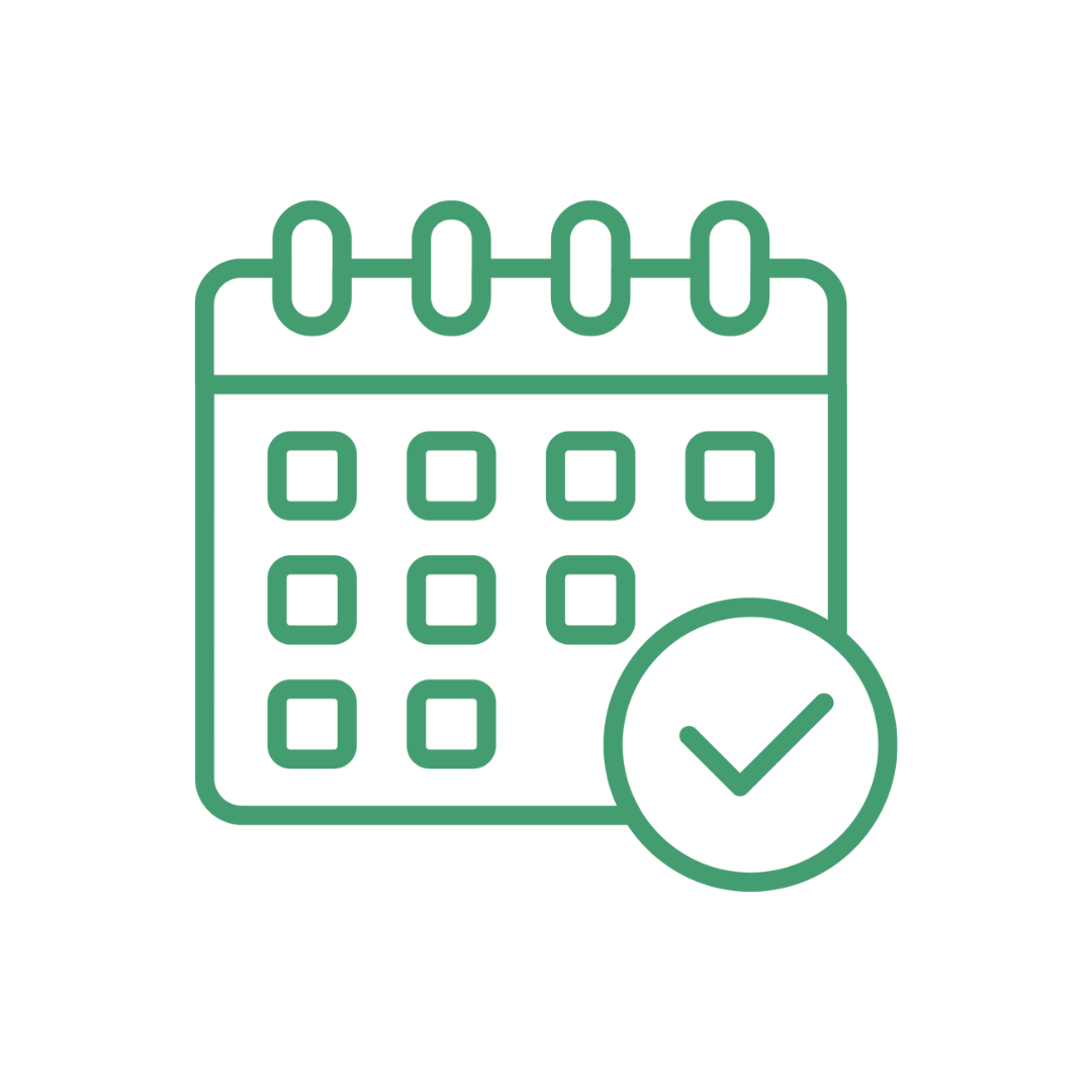 Green calendar icon with checkmark symbol.