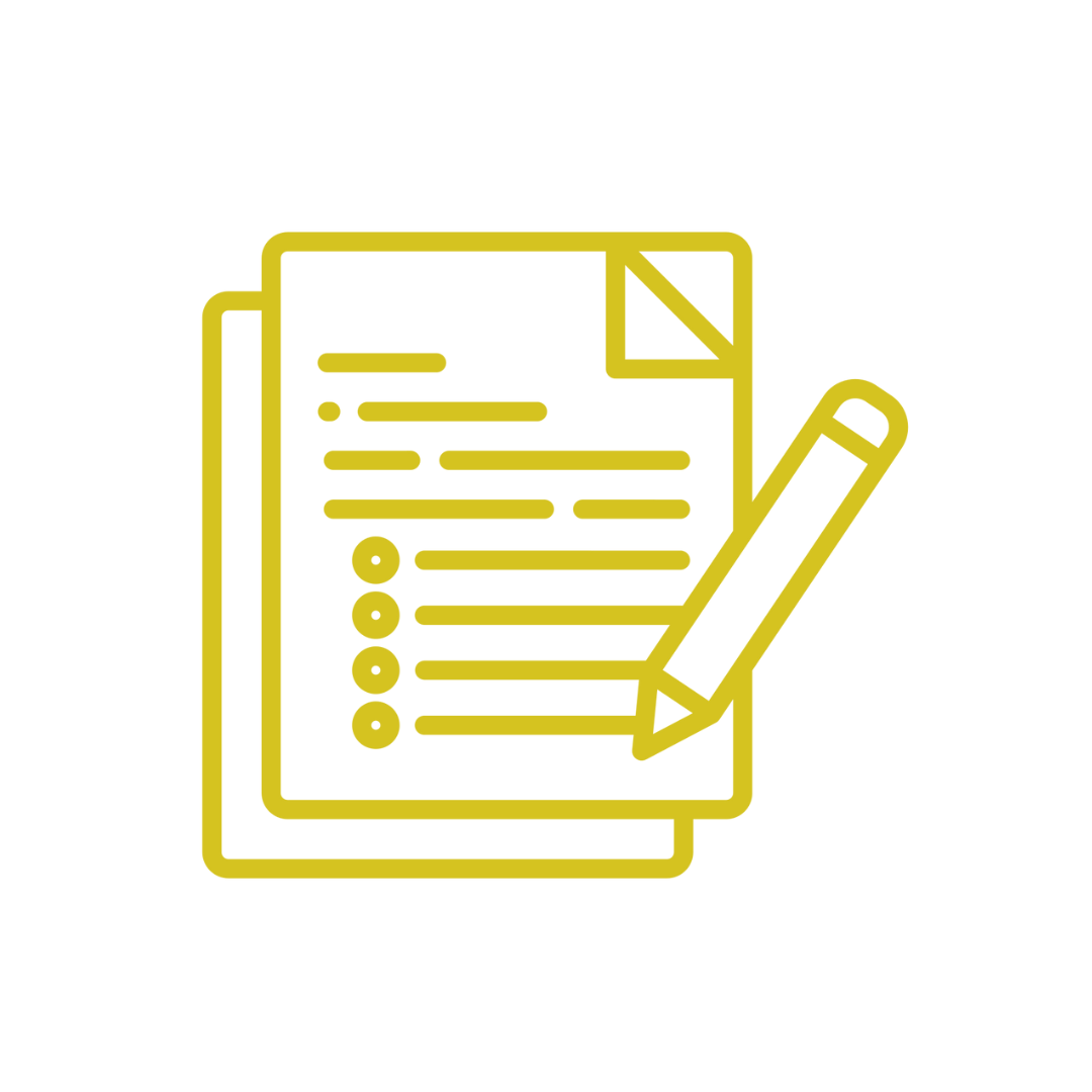 Yellow icon of a paper document with a pencil indicating filling out a form.