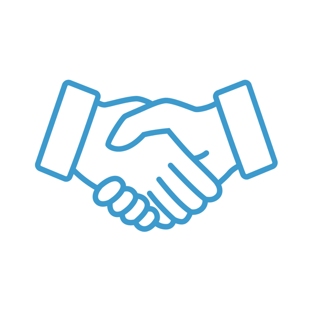 Blue icon of two hands in a handshake.