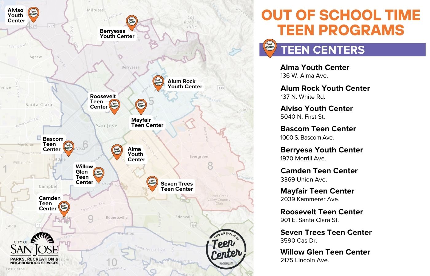 Map of teen center locations in San José