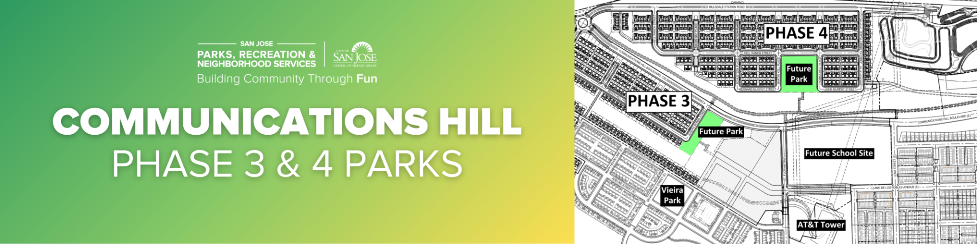 Communications Hill Phase 3 & 4 Parks Webpage Banner in green and yellow gradient. 