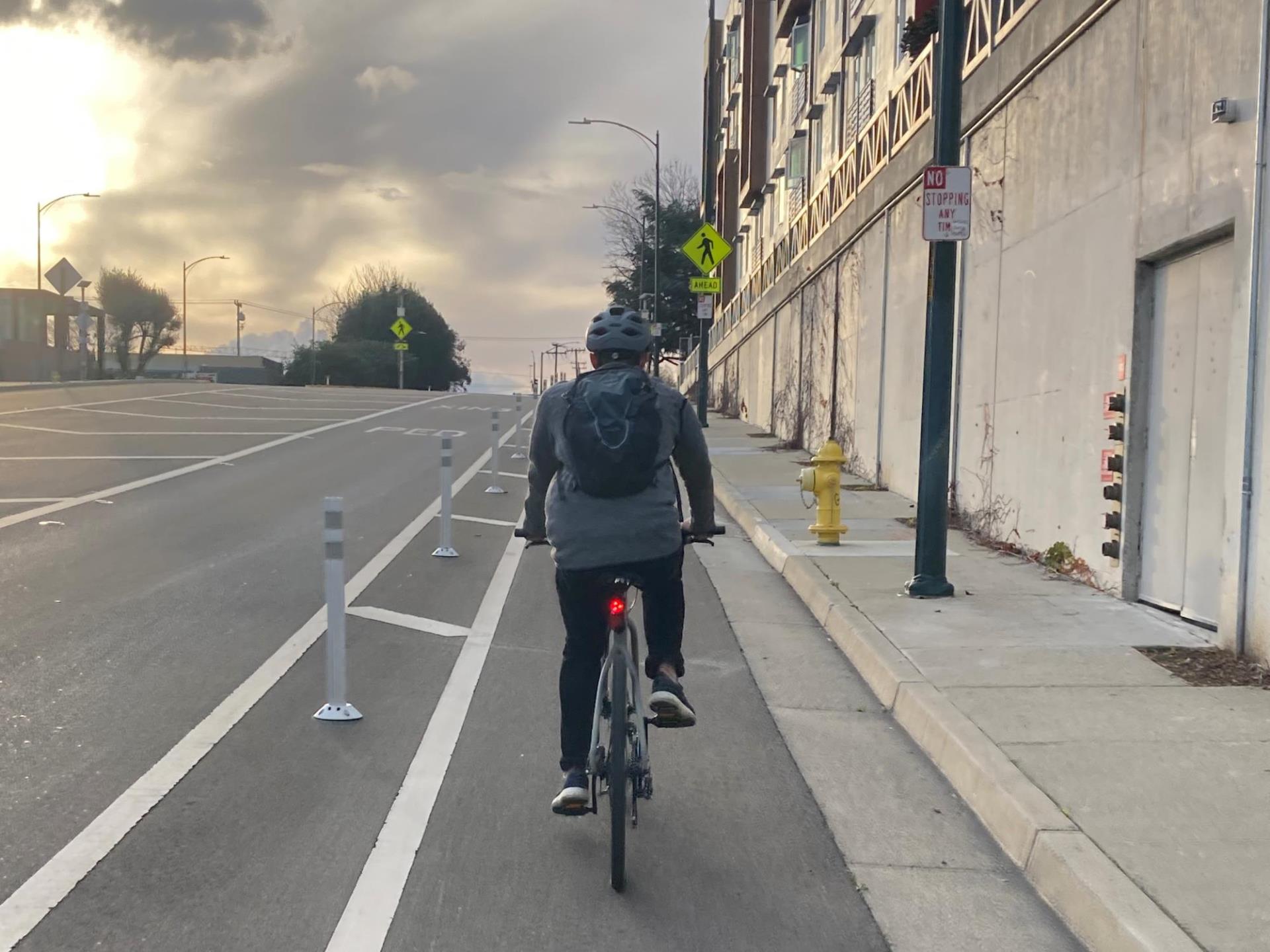 A bollard protected bike lane