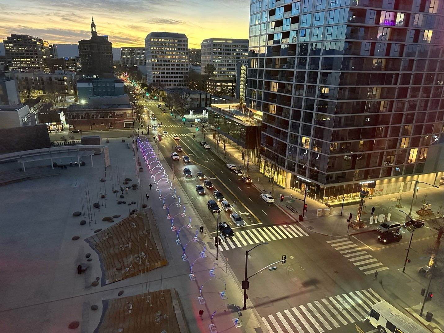 An aerial shot of the intersection of City Hall Plaza and the intersection of Santa Clara and Fifth Streets