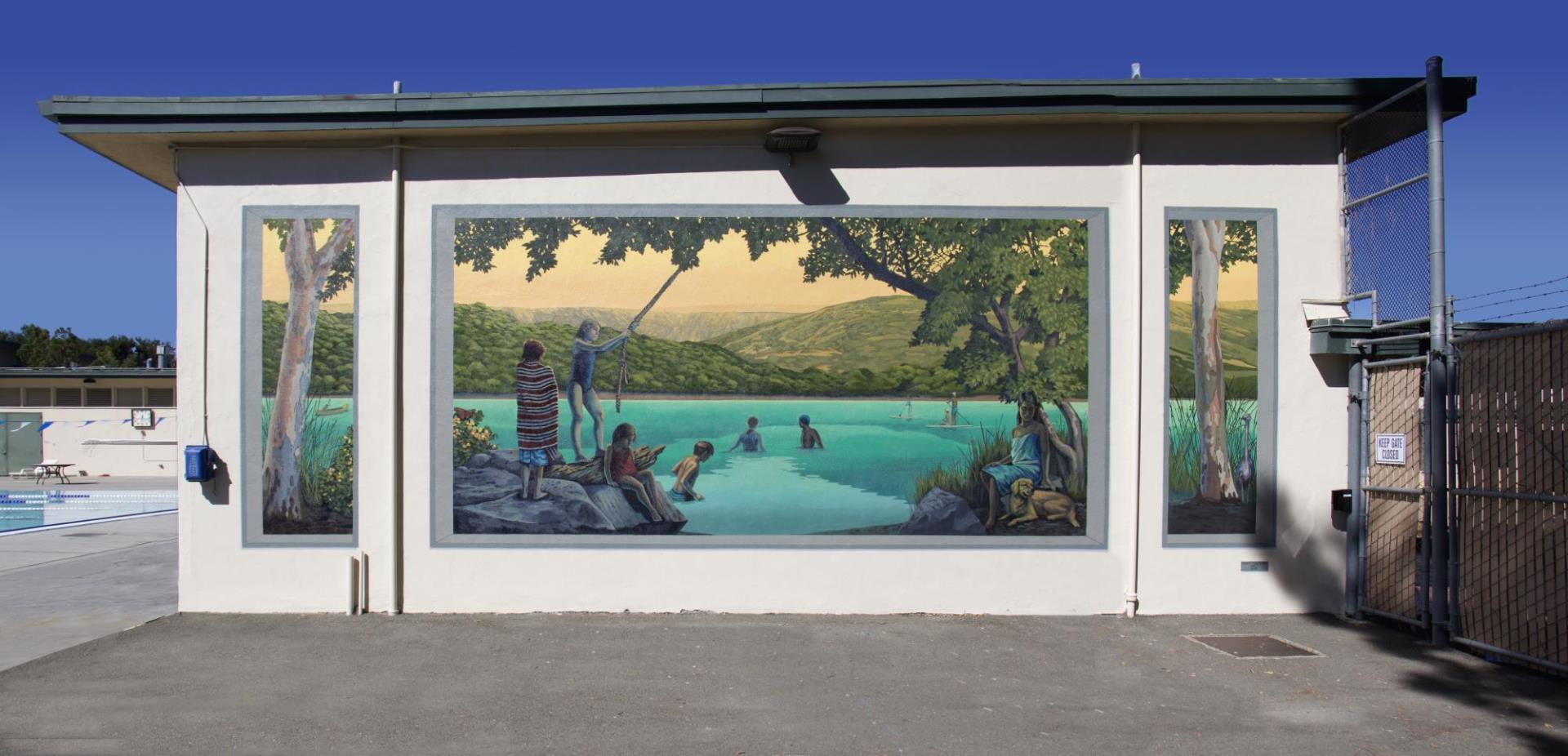 Wide shot photograph of multicolor exterior mural