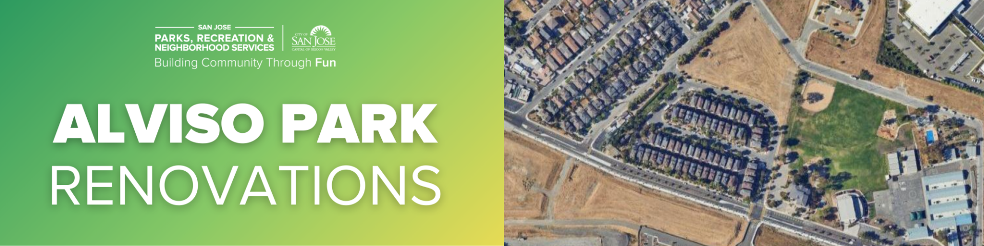 Webpage Banner with white text on green and yellow background for Alviso Park Renovations on the left hand side and an overview map of the park site on the right