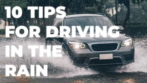 car driving in the rain with text that says "10 tips for driving in the rain"