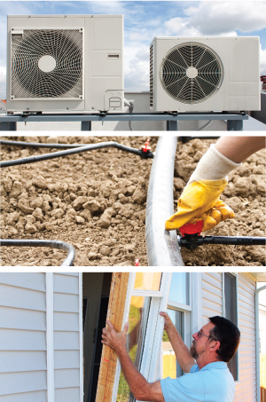 Energy & Water Efficiency Upgrade Financing Collage: HVAC, drip irrigation, and insulated windows