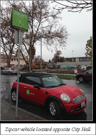 Zipcar vehicle located opposite City Hall.